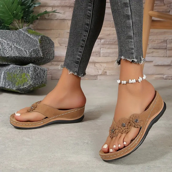 Women's Orthopaedic Wedge Flip Flop Sandals Flower Detail