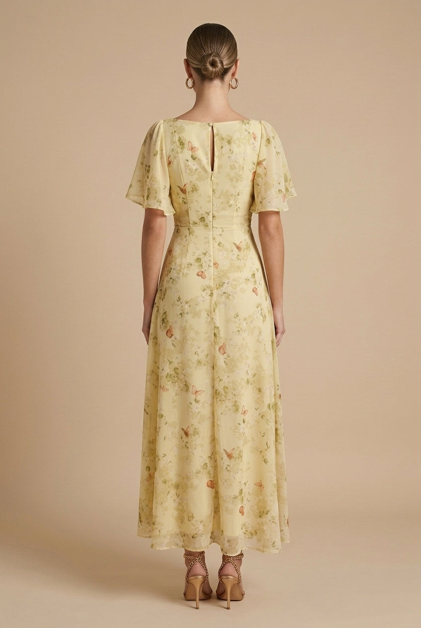 Women's Floral Print Square Neck Flutter Sleeve Ruched Maxi Dress