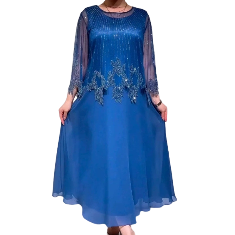 Women's Stylish Beaded Mesh Overlay Maxi Dress Sheer Sleeve
