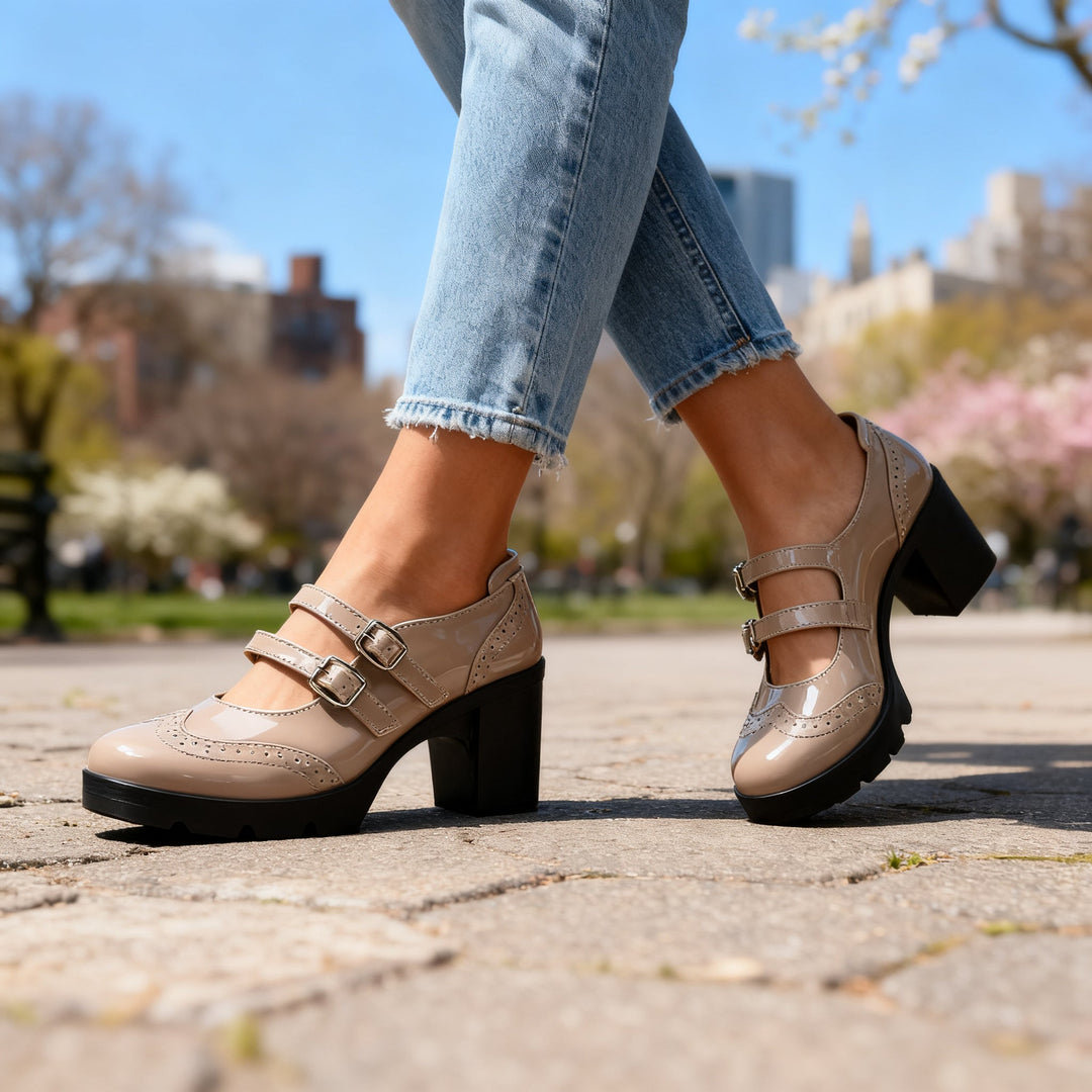 Women's Patent Double Strap Platform Mary Jane Block Heel