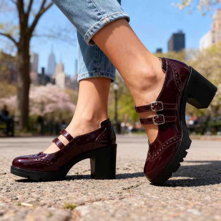 Women's Patent Double Strap Platform Mary Jane Block Heel