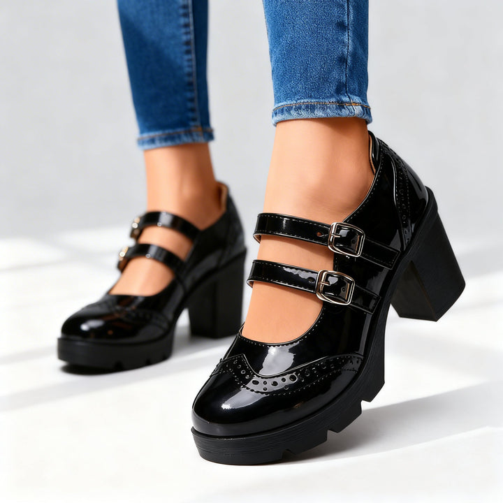 Women's Patent Double Strap Platform Mary Jane Block Heel