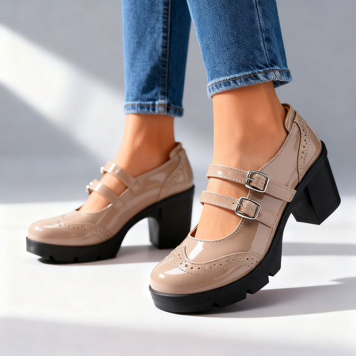 Women's Patent Double Strap Platform Mary Jane Block Heel