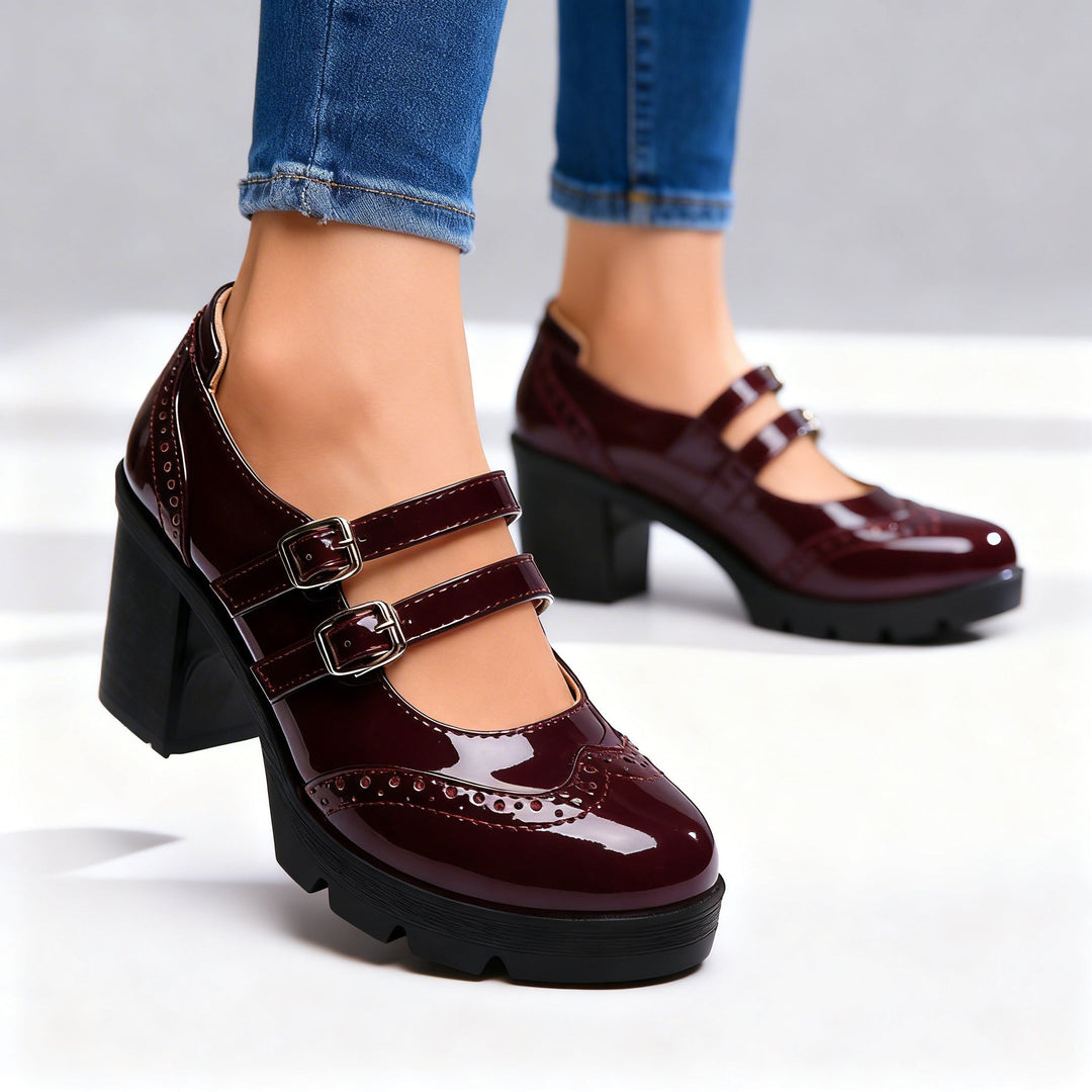 Women's Patent Double Strap Platform Mary Jane Block Heel