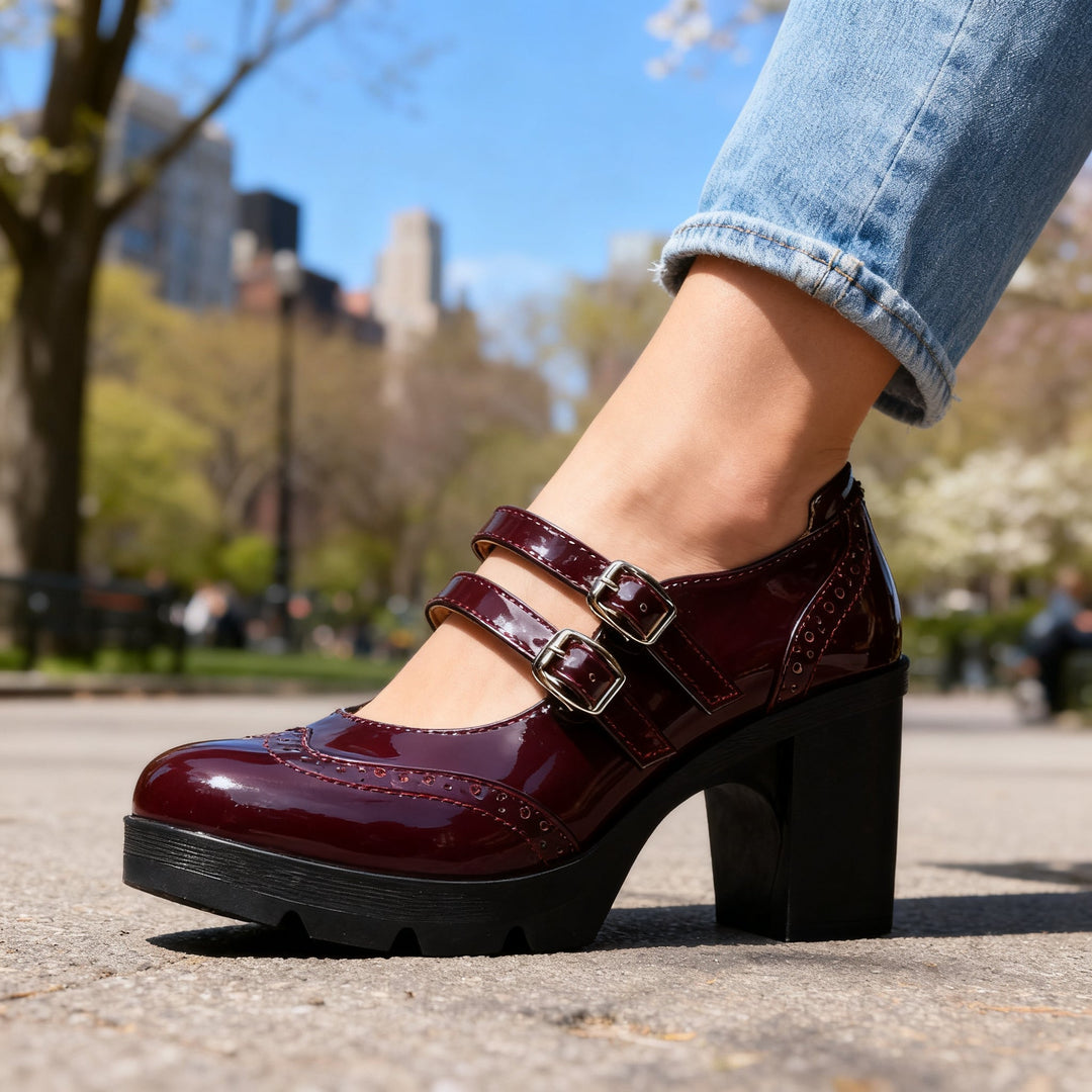 Women's Patent Double Strap Platform Mary Jane Block Heel