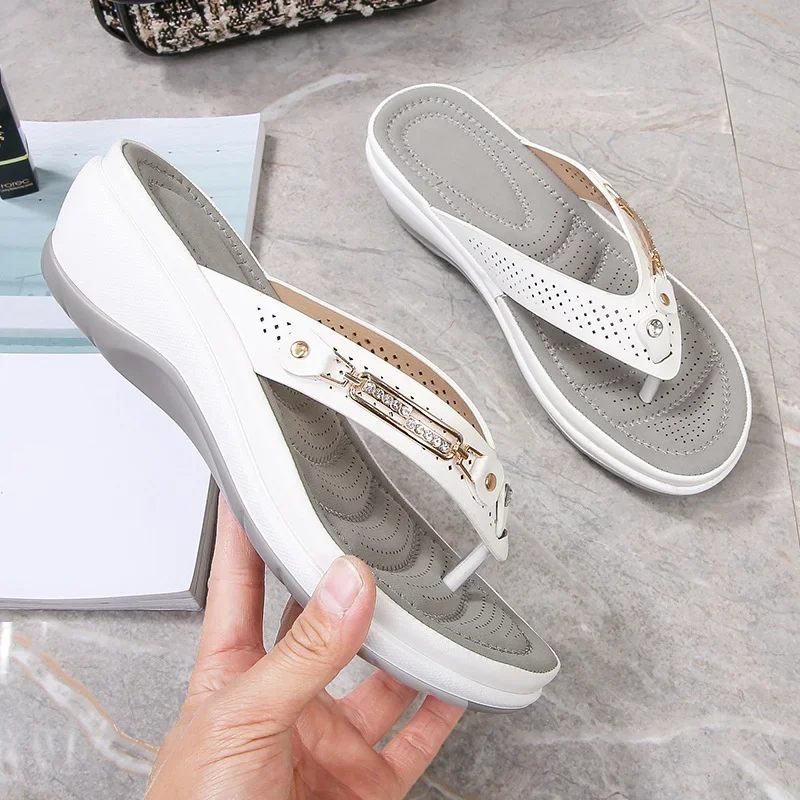 Women's Orthopaedic Thong Toe Wedge Sandals Gold Trim Detail