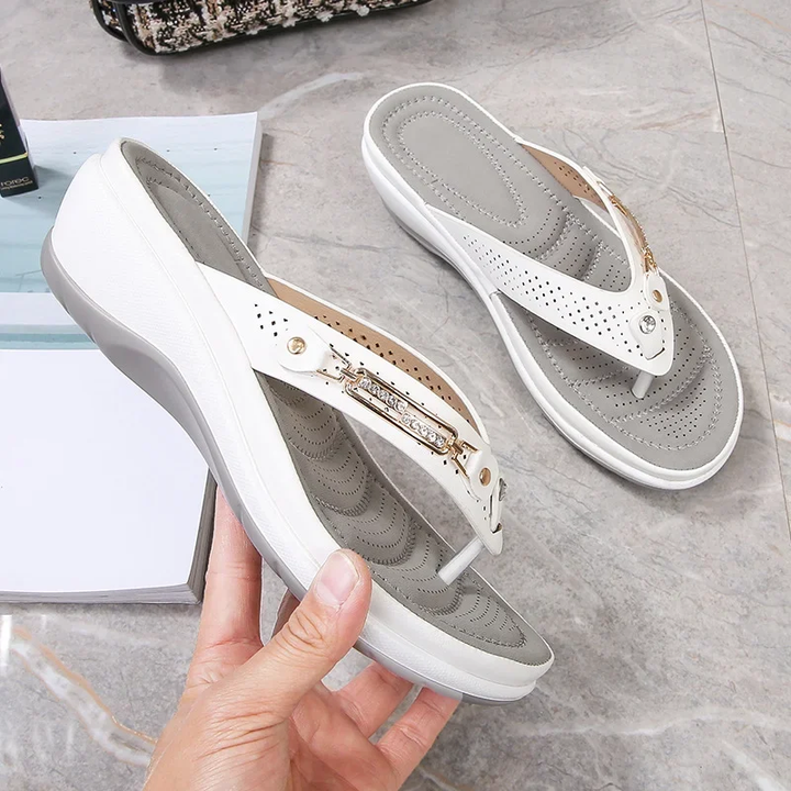 Women's Orthopaedic Thong Toe Wedge Sandals Gold Trim Detail