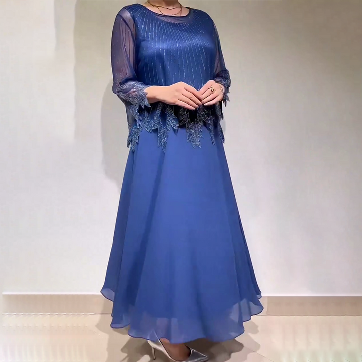 Women's Stylish Beaded Mesh Overlay Maxi Dress Sheer Sleeve