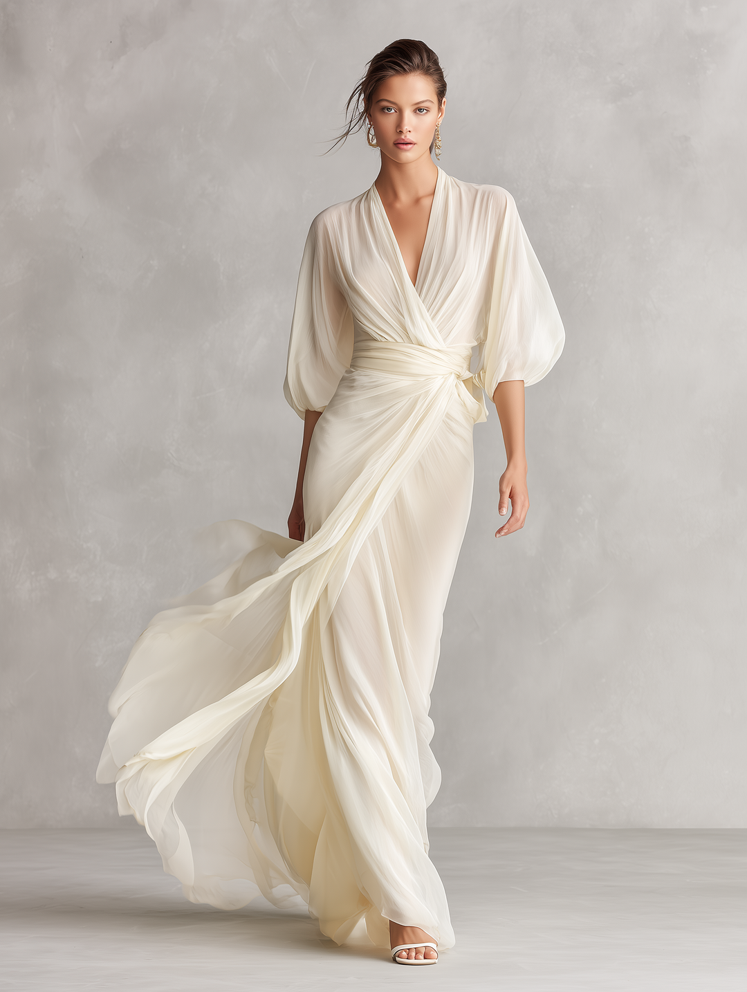 Women's Ivory Sheer Chiffon Dress With Puff Sleeves & Wrap Detail, Timeless Romantic-Luxe Style Dress