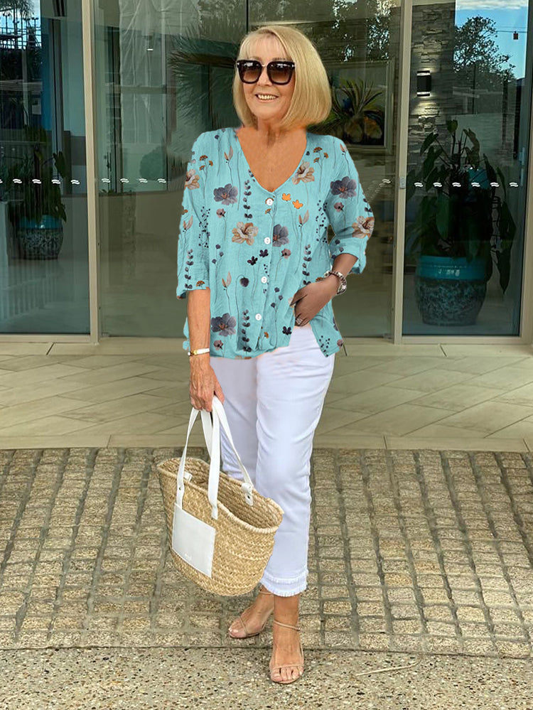 Women's Floral Print V-Neck Three-Quarter Sleeve Linen Blouse