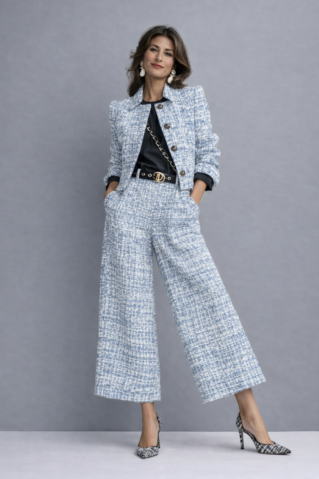 Women's Tweed Cropped Jacket and Wide-Leg Trousers Suit Set
