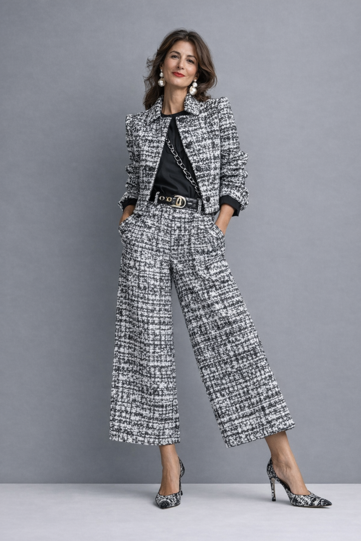 Women's Tweed Cropped Jacket and Wide-Leg Trousers Suit Set