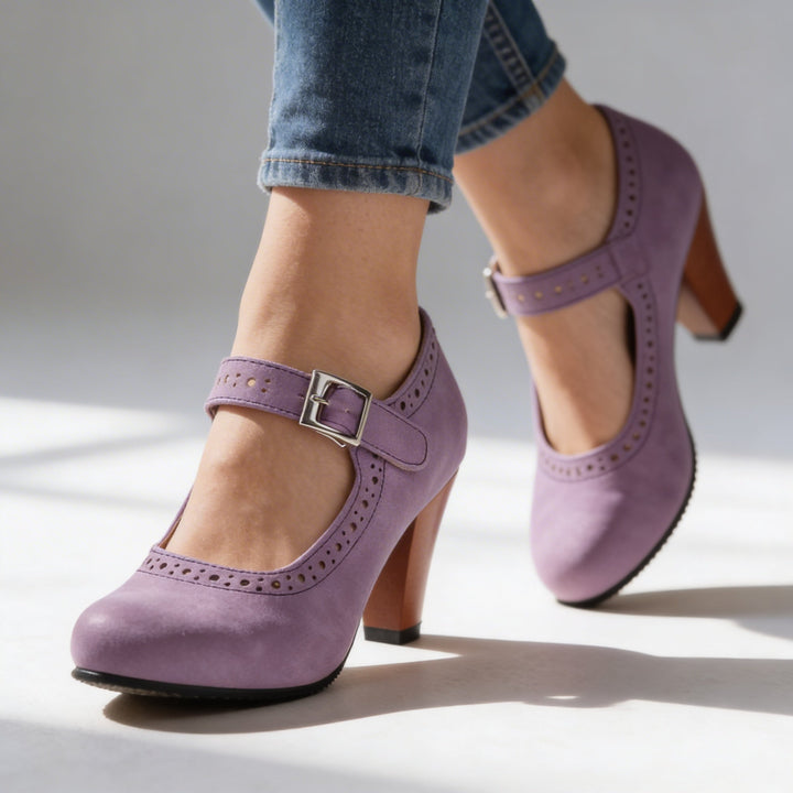 Women's Mary Jane Block Heel Brogue Pump Buckle Strap