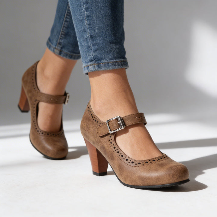Women's Mary Jane Block Heel Brogue Pump Buckle Strap