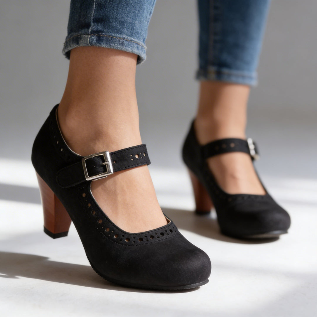 Women's Mary Jane Block Heel Brogue Pump Buckle Strap