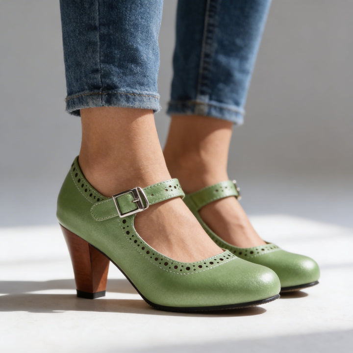 Women's Mary Jane Block Heel Brogue Pump Buckle Strap