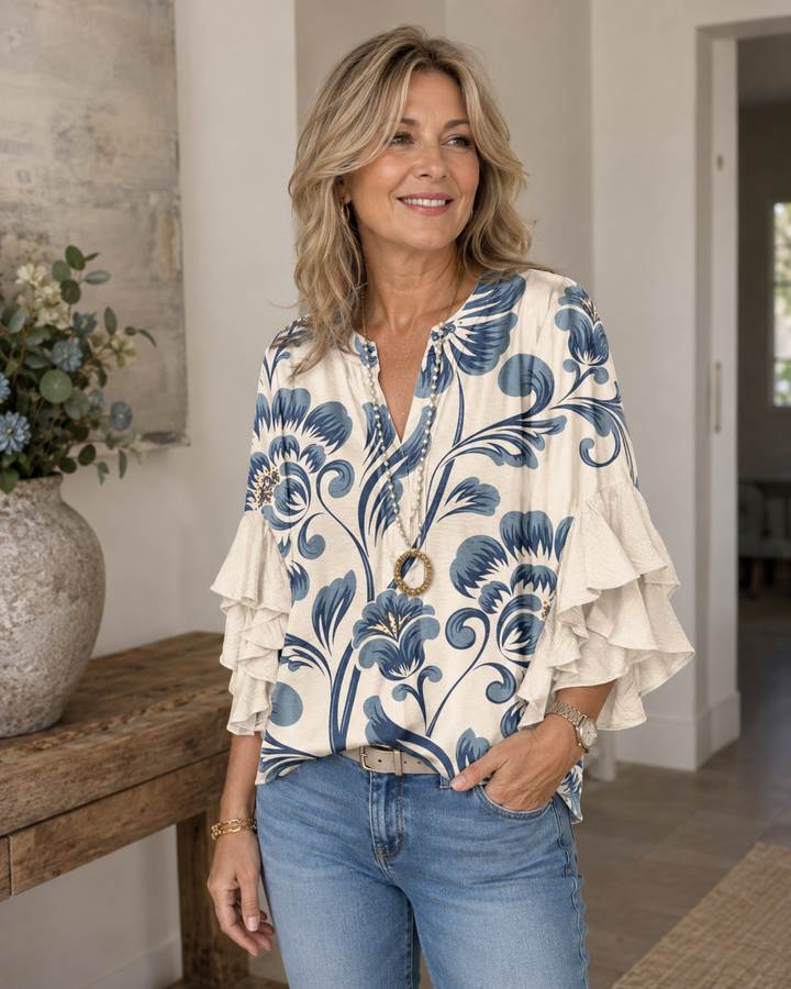 Women's Baroque Floral Print Ruffle Sleeve V-Neck Blouse