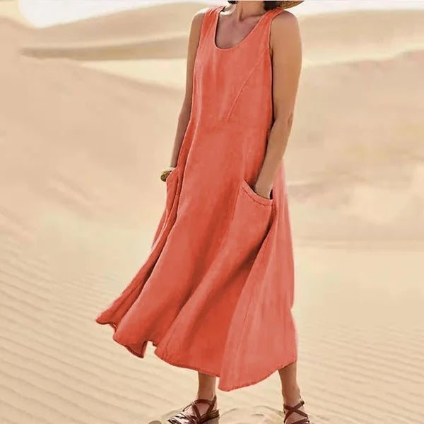 Women's Sleeveless Linen Maxi Dress with Side Pockets