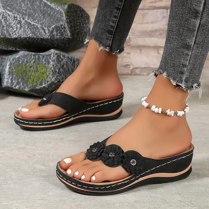 Women's Orthopaedic Wedge Flip Flop Sandals Flower Detail