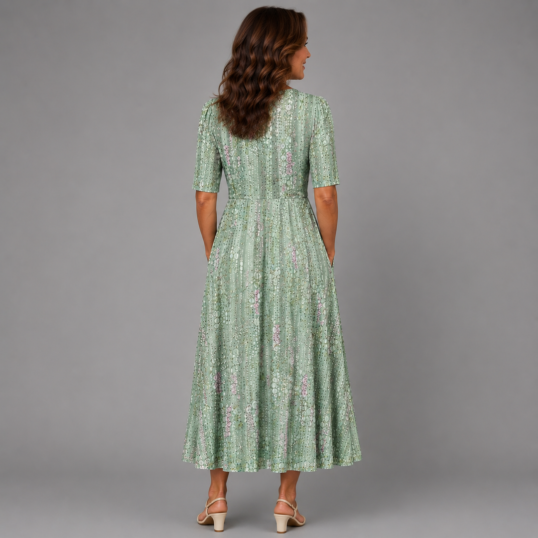 Women's Floral Print V-Neck Wrap Summer Midi Dress with Pockets