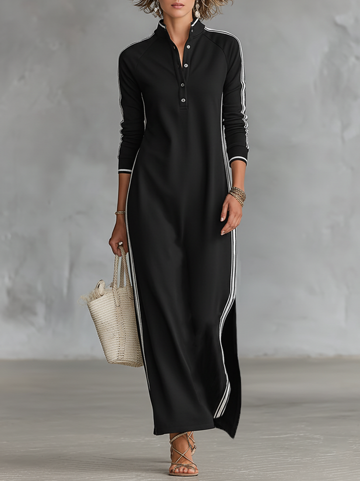 Women's Minimalist White-trimmed Button-down Collar Sweatshirt Dress Maxi Dress