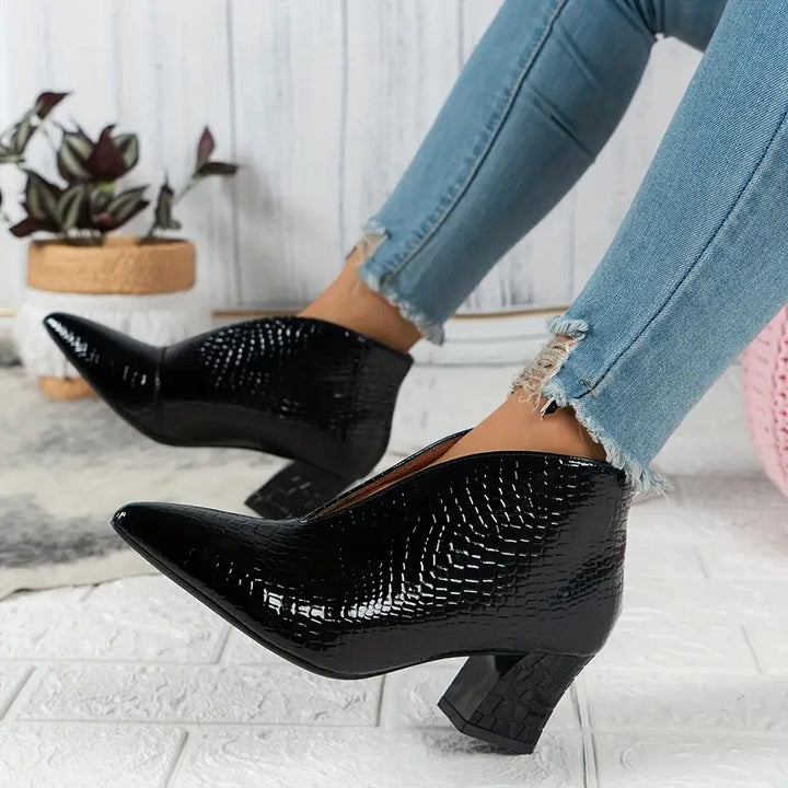 Women's Croc Embossed Pointed Toe Block Heel Ankle Boots