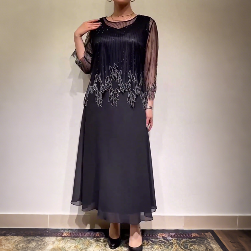 Women's Stylish Beaded Mesh Overlay Maxi Dress Sheer Sleeve