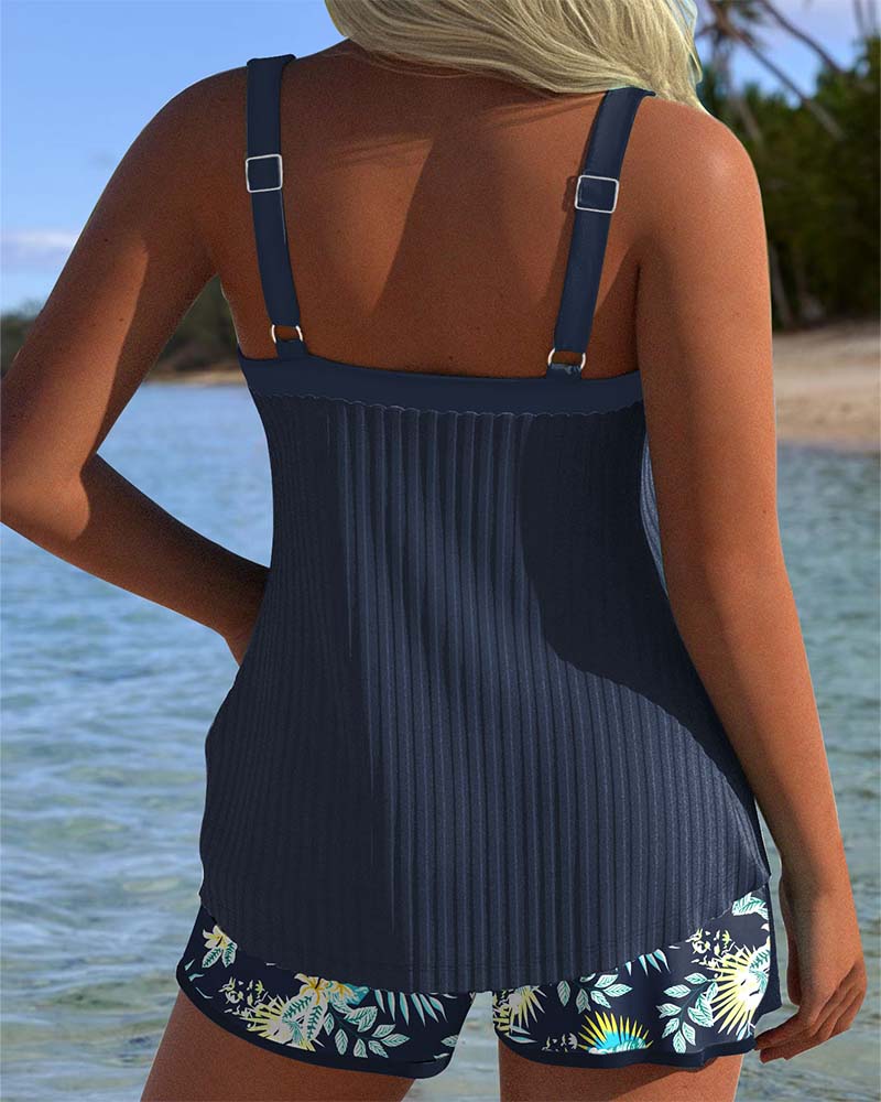 Women's Ribbed Tankini Set with Tropical Print Beach Shorts