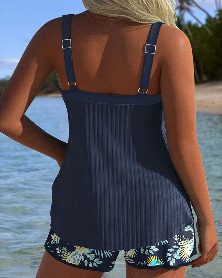 Women's Ribbed Tankini Set with Tropical Print Beach Shorts