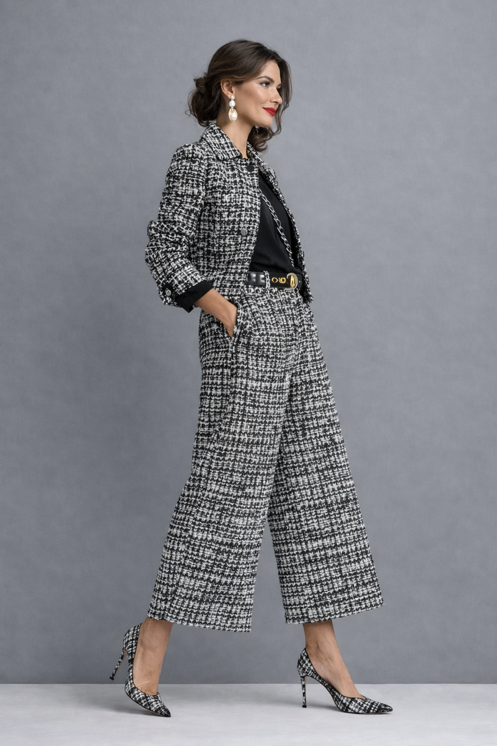 Women's Tweed Cropped Jacket and Wide-Leg Trousers Suit Set