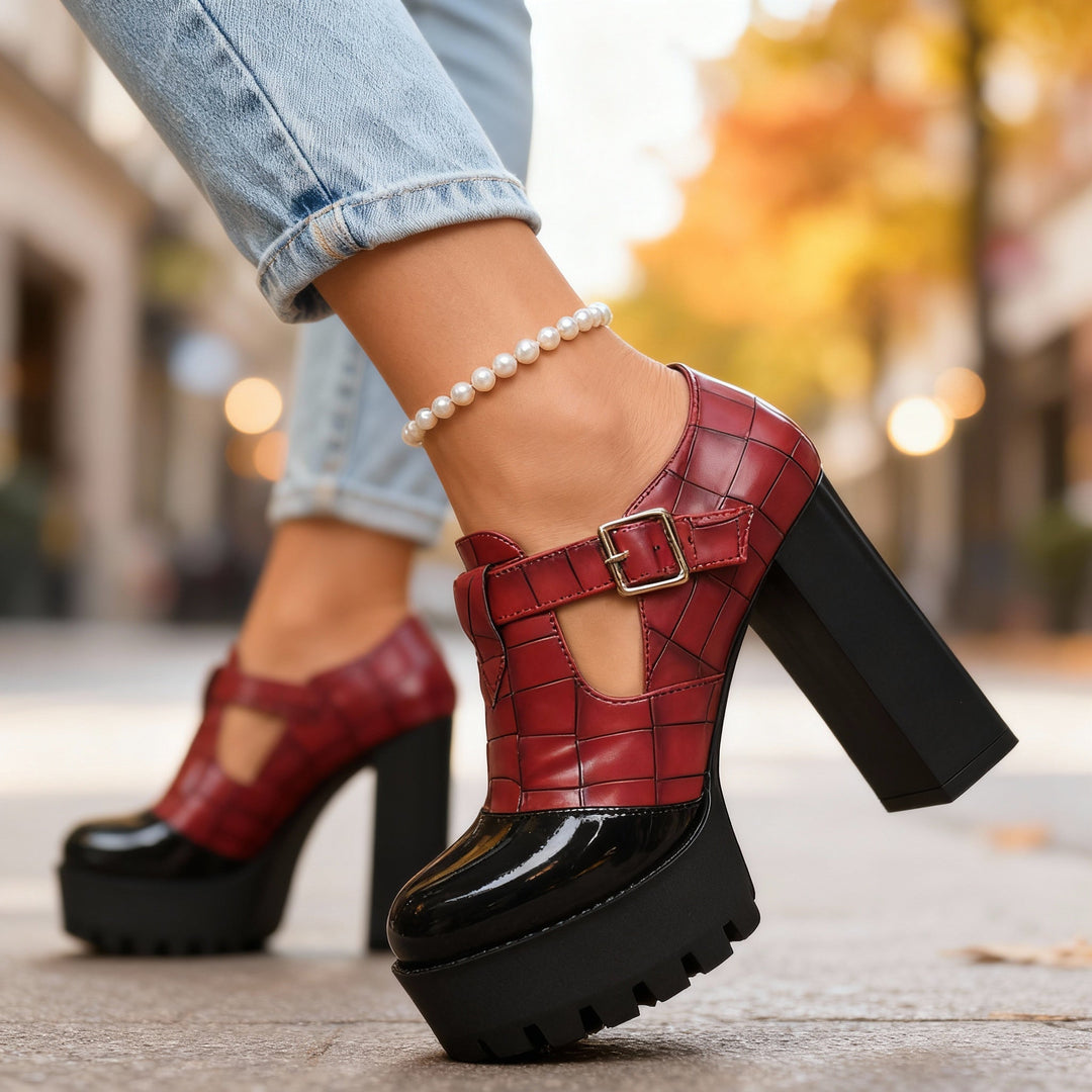 Women's Platform Block Heel Mary Jane Pumps Croc Embossed