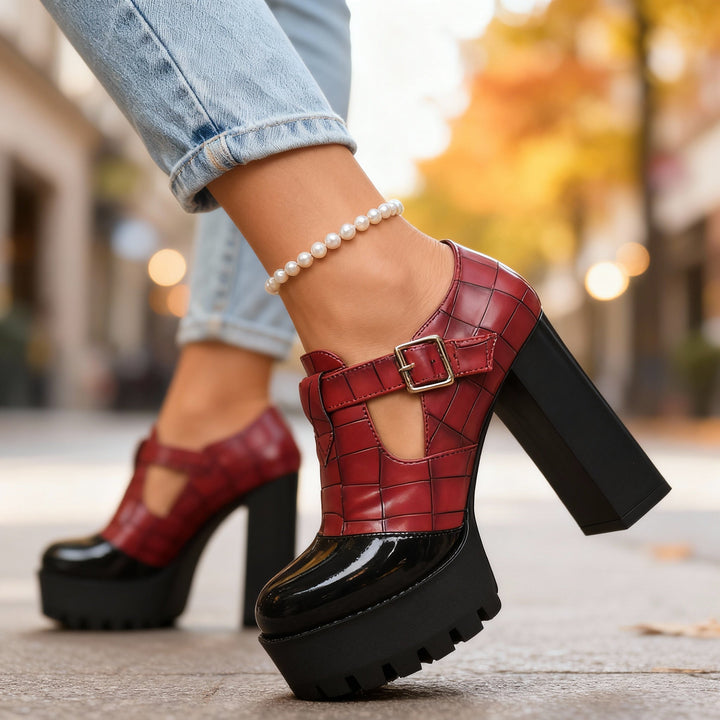 Women's Platform Block Heel Mary Jane Pumps Croc Embossed