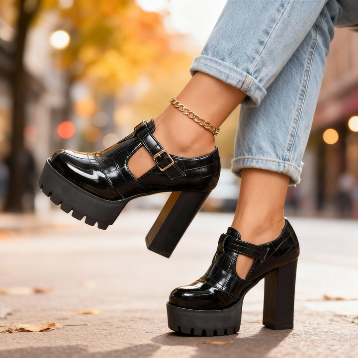 Women's Platform Block Heel Mary Jane Pumps Croc Embossed