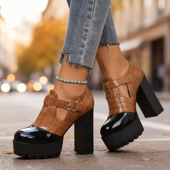 Women's Platform Block Heel Mary Jane Pumps Croc Embossed