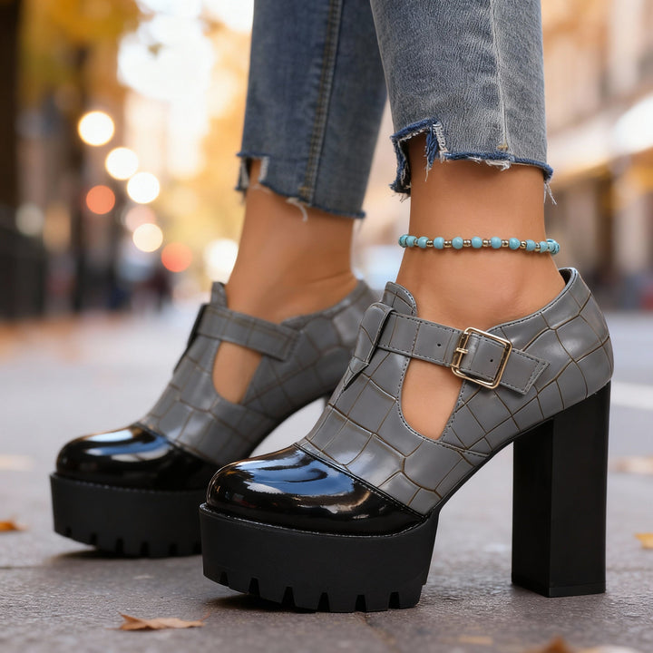 Women's Platform Block Heel Mary Jane Pumps Croc Embossed