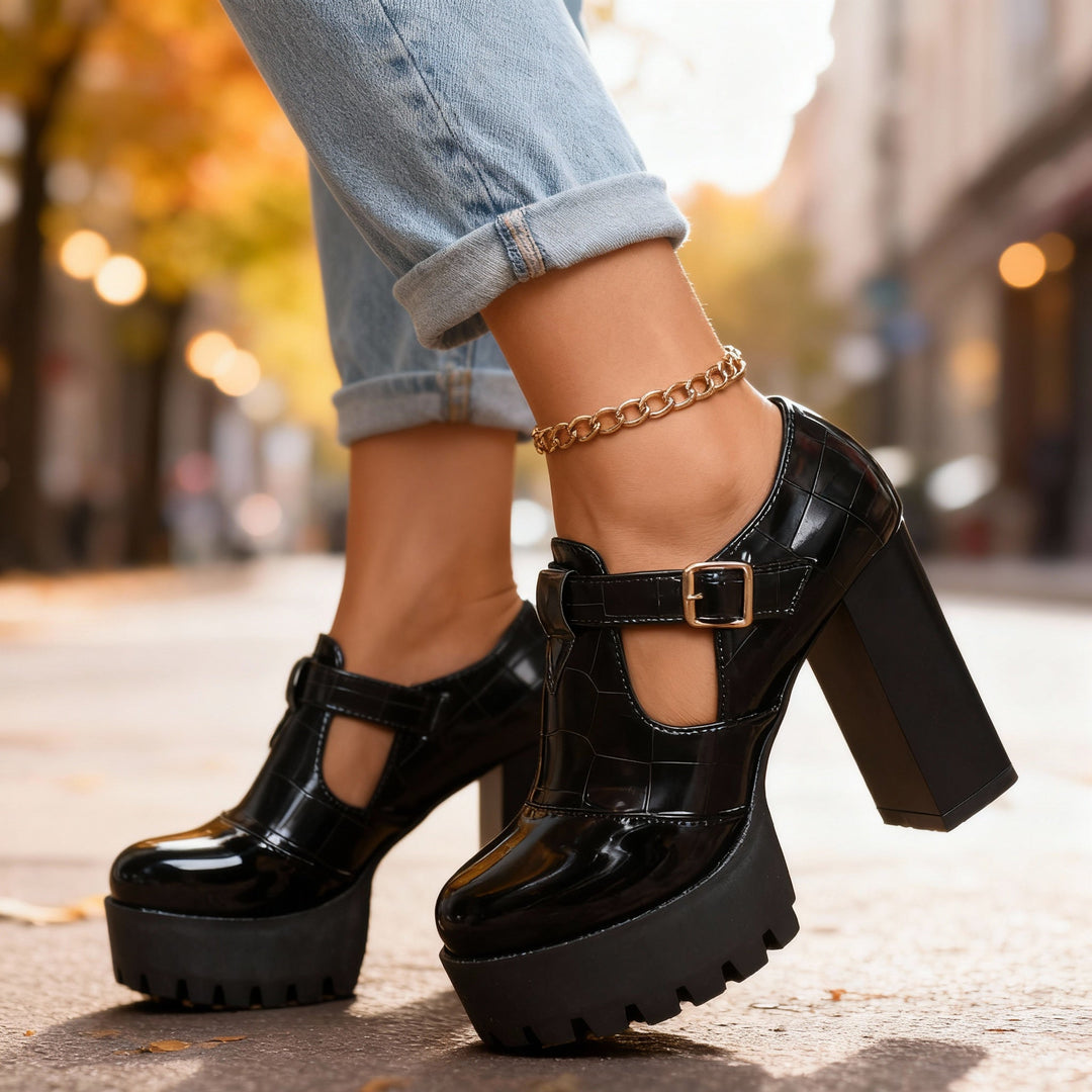 Women's Platform Block Heel Mary Jane Pumps Croc Embossed