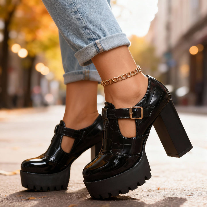 Women's Platform Block Heel Mary Jane Pumps Croc Embossed