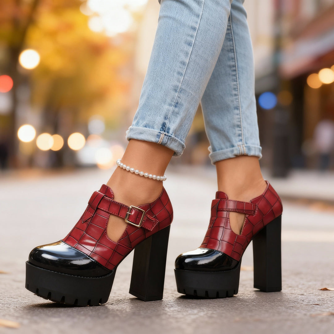 Women's Platform Block Heel Mary Jane Pumps Croc Embossed