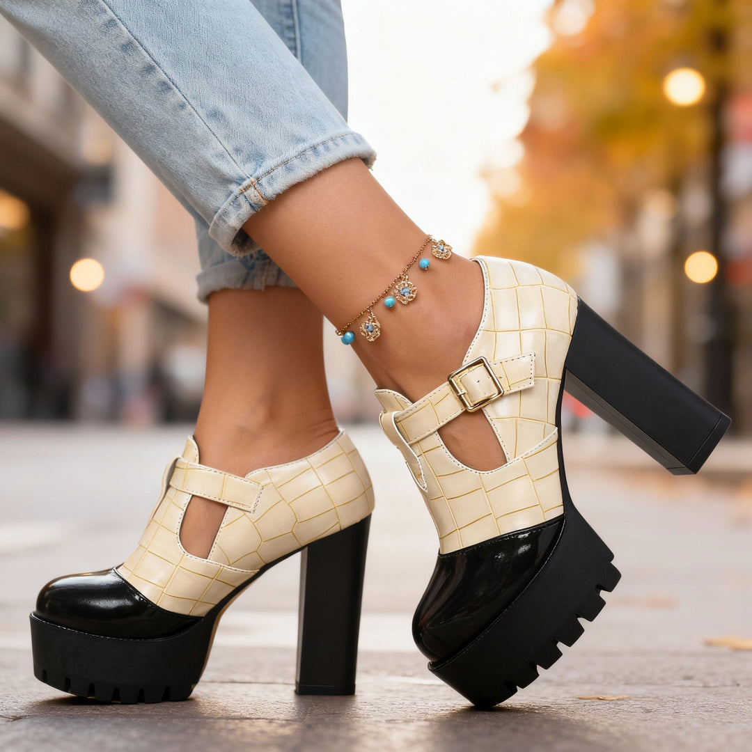 Women's Platform Block Heel Mary Jane Pumps Croc Embossed
