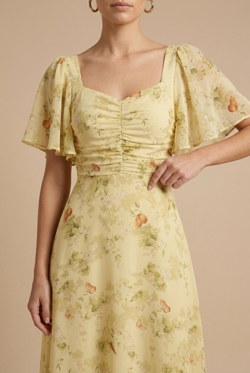 Women's Floral Print Square Neck Flutter Sleeve Ruched Maxi Dress