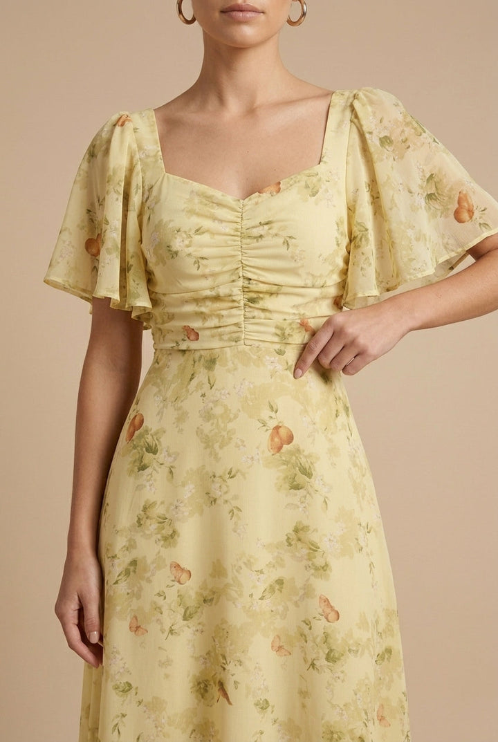 Women's Floral Print Square Neck Flutter Sleeve Ruched Maxi Dress