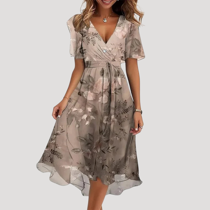 Women's Floral Print Tummy Control Wrap V-Neck Flutter Sleeve Midi Dress