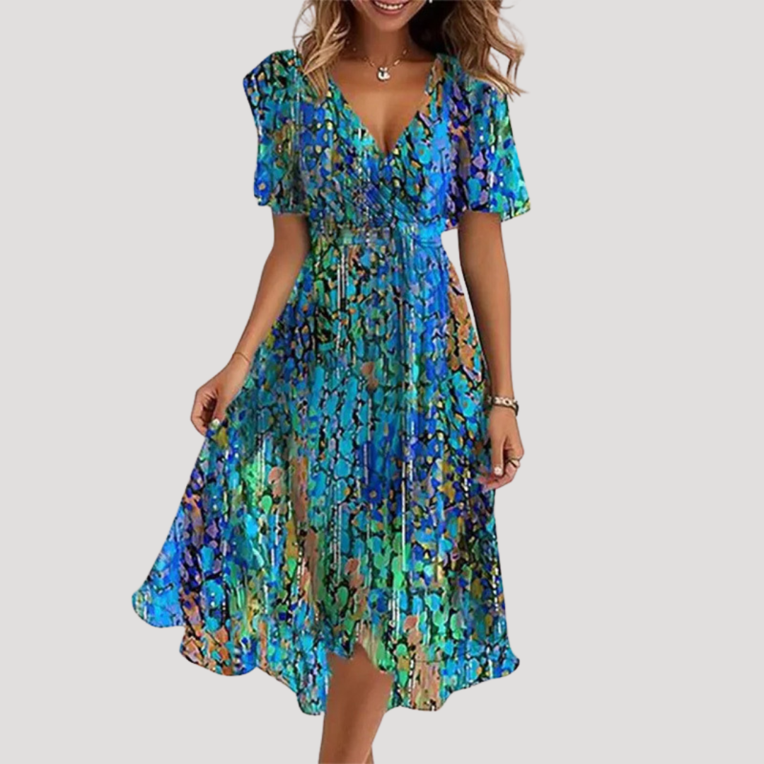 Women's Floral Print Tummy Control Wrap V-Neck Flutter Sleeve Midi Dress