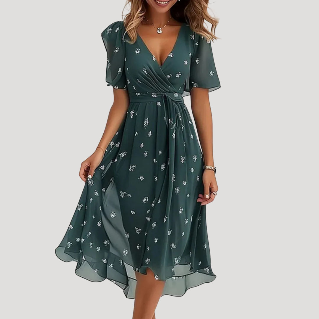 Women's Floral Print Tummy Control Wrap V-Neck Flutter Sleeve Midi Dress