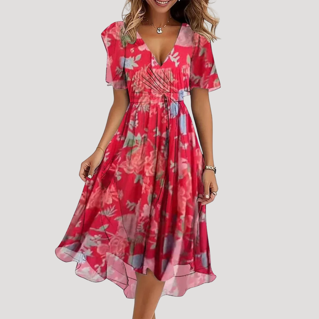 Women's Floral Print Tummy Control Wrap V-Neck Flutter Sleeve Midi Dress