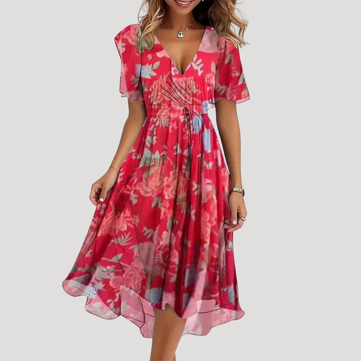 Women's Floral Print Tummy Control Wrap V-Neck Flutter Sleeve Midi Dress