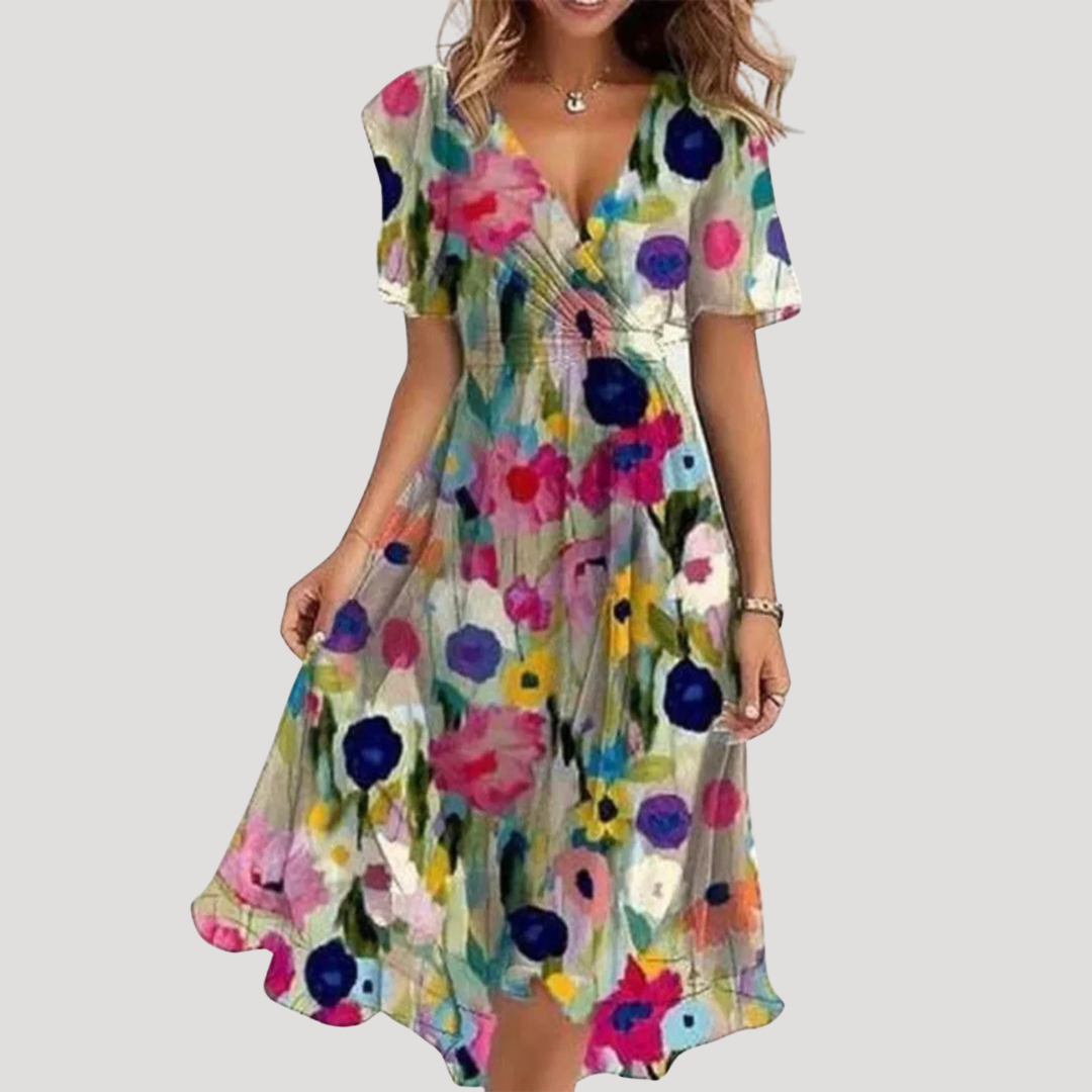 Women's Floral Print Tummy Control Wrap V-Neck Flutter Sleeve Midi Dress