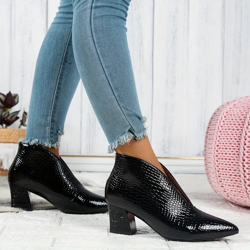 Women's Croc Embossed Pointed Toe Block Heel Ankle Boots