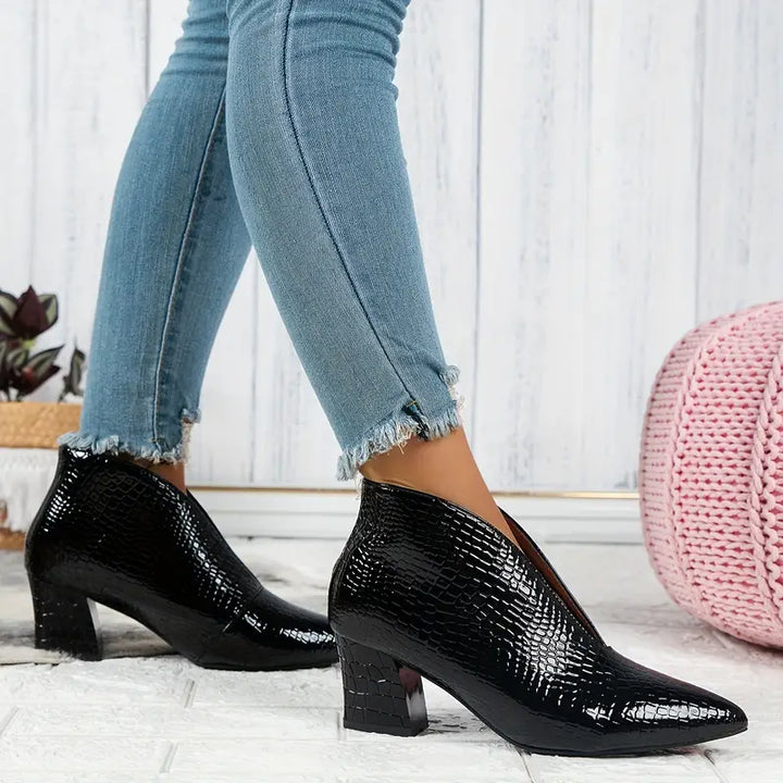 Women's Croc Embossed Pointed Toe Block Heel Ankle Boots