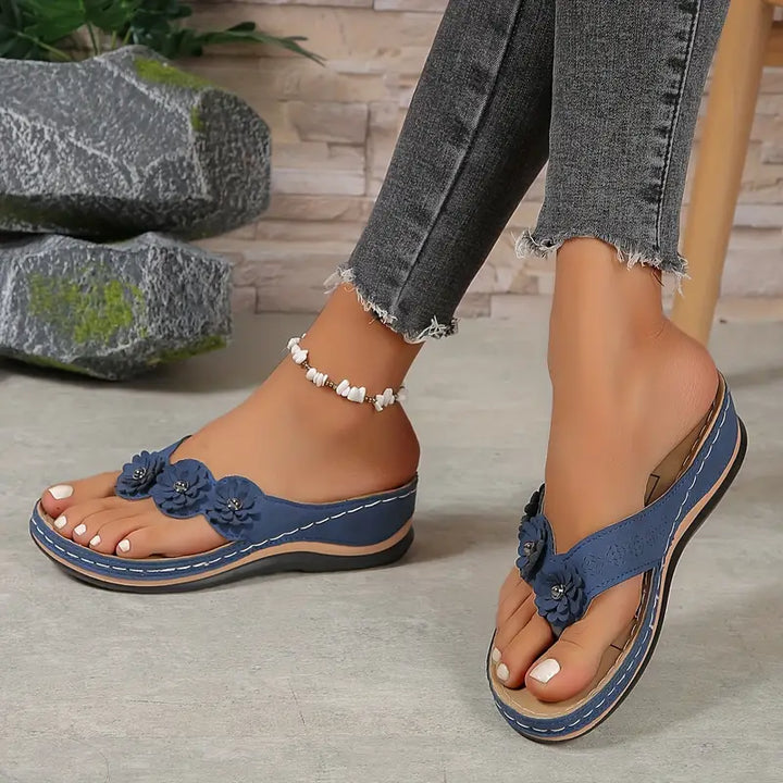 Women's Orthopaedic Wedge Flip Flop Sandals Flower Detail